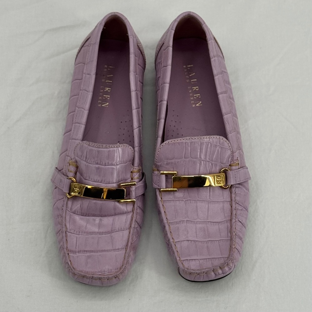 Lauren Ralph Lauren Margaret Lavender Croc Embossed Leather Loafers Size 8 Gold